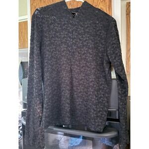 August Silk Womens XL Black Floral Lace Quarter Zip Long Sleeve Blouse Top‎